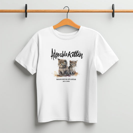 Adorable Kitten Crew T-Shirt – Genshae White Cotton  Tee with Cute Cat Print & Positive Quote