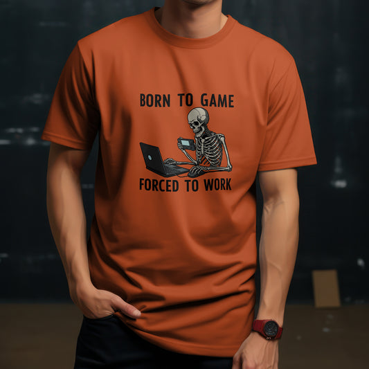 Born to Game, Forced to Work Oversized T-Shirt – Coral | Funny Skeleton Gamer Tee for Men | Relaxed Fit Casual Cotton T-Shirt | Genshae