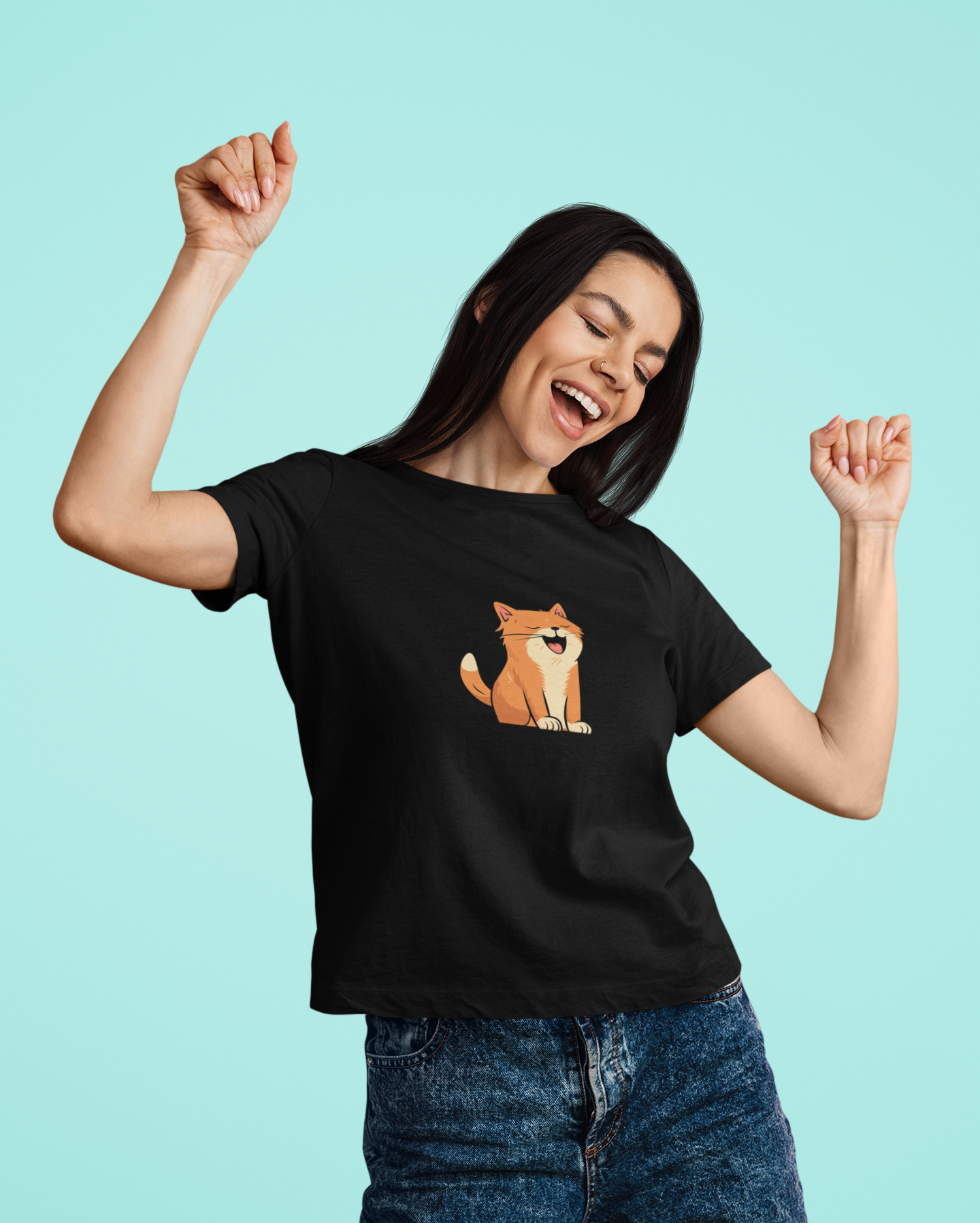 Cute Cat Printed Black Genshae T-Shirt for Women | Soft Cotton Tee | Relaxed Fit | Quirky Graphic for Cat Lovers