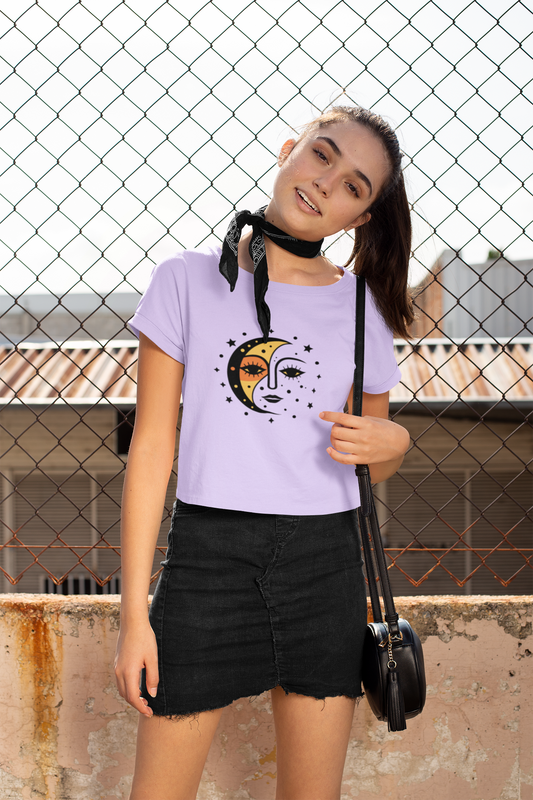 Genshae - Lavender Moon Magic Crop Top – Celestial Print Cotton Tee for Women