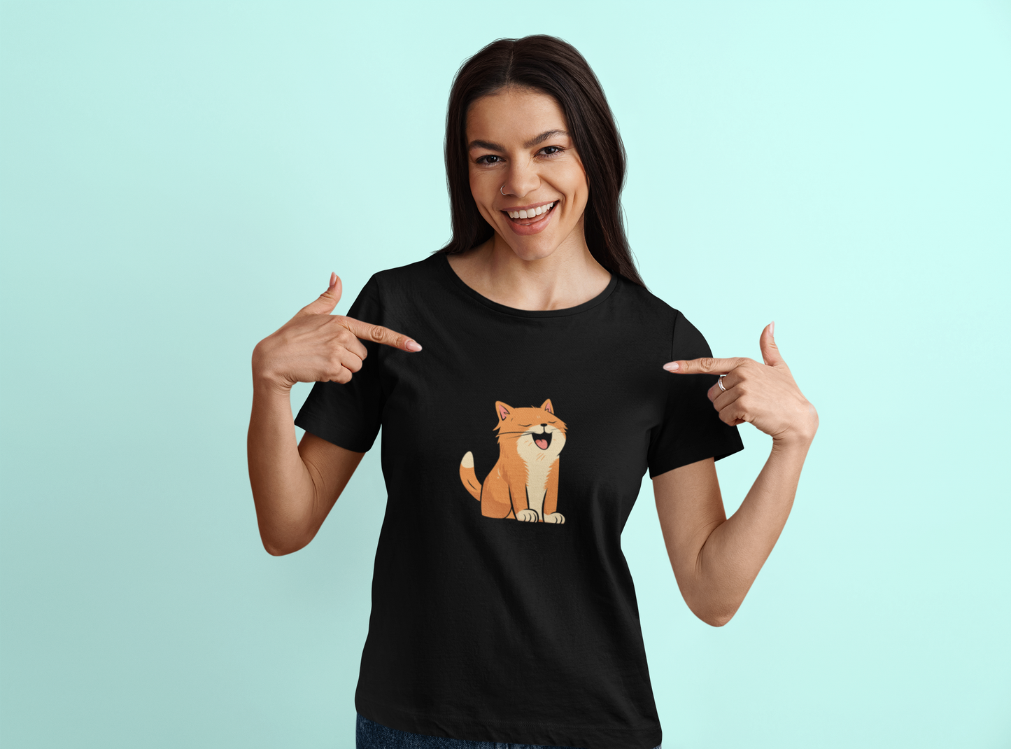 Cute Cat Printed Black Genshae T-Shirt for Women | Soft Cotton Tee | Relaxed Fit | Quirky Graphic for Cat Lovers