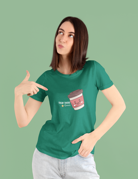 Bean There Queen Bottle Green Coffee - Genshae Graphic T-Shirt for Women | Gen Z  Cotton Tee | Comfy Café Vibes