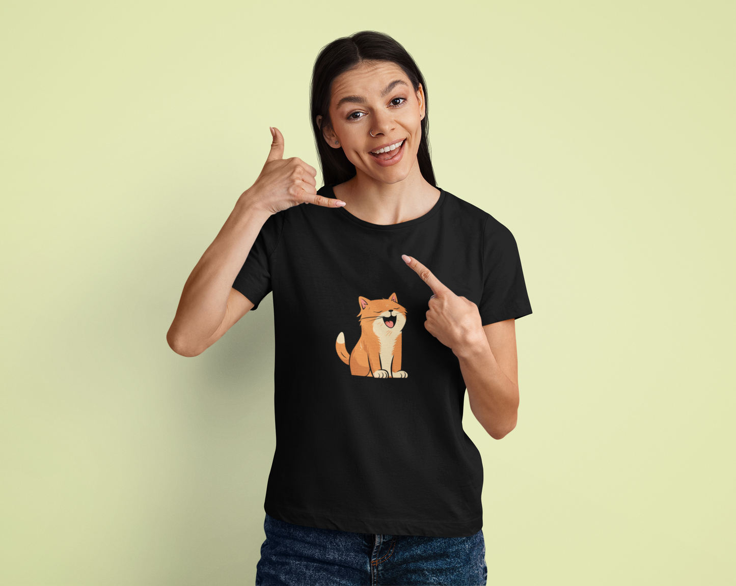 Cute Cat Printed Black Genshae T-Shirt for Women | Soft Cotton Tee | Relaxed Fit | Quirky Graphic for Cat Lovers
