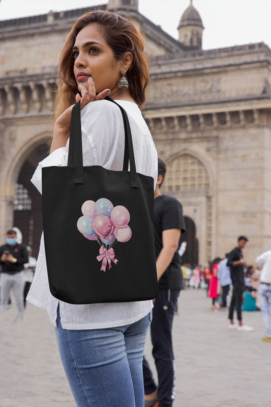 Balloon Pop Zippered Tote – Black Canvas Bag with Pastel Vibes |Genshae